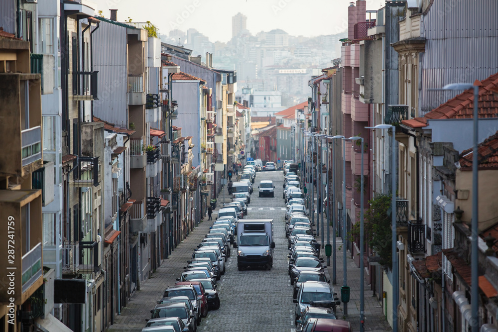 Top view of the street in one of the areas of Porto, Portugal.