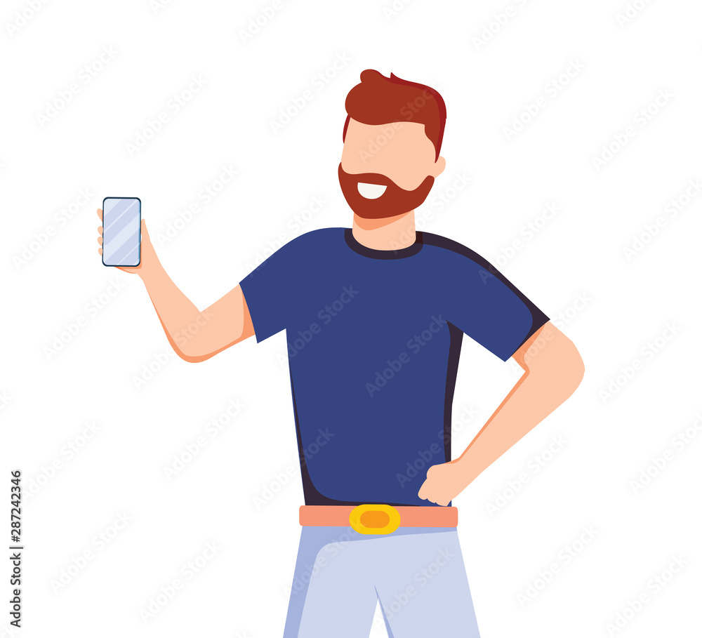 Man shows the smartphone the screen forward. Advertising or presentation of a mobile application. Vector illustration.