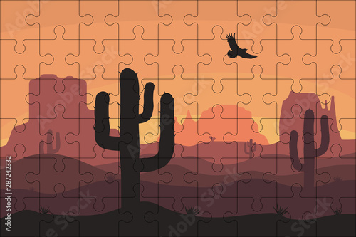 Puzzles template with rectangle grid and desert landscape, cactuse and mountains. Jigsaw puzzle 9x6 size with 54 pieces with desert nature illustration. Template for mosaic background. Vector.