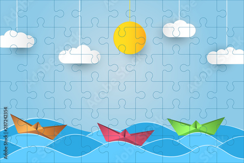 Puzzles template with rectangle grid and origami sailing boats. Jigsaw puzzle 9x6 size with 54 pieces with ocean illustration. Mosaic background with join details. Vector.