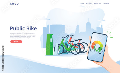 Creative Urban Transportation Web Design. Public Bike Cartoon Flat Banner Vector Illustration. Using Sharing System