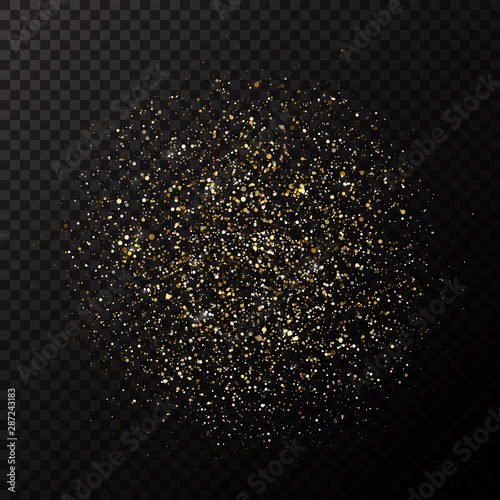 Golden glitter explosion. Bright dust splash. Gold glitter particles splatter. Sparkling firework on black background. Luxury design elements. Vector illustration
