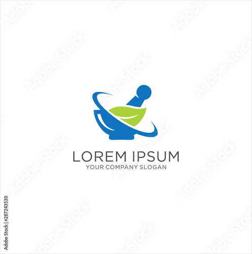 Mortar Pestle Leaf Logo Pharmacy Design Medical Herbal Ayurveda Icon 