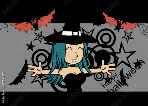 halloween background with pretty witch kawaii cartoon