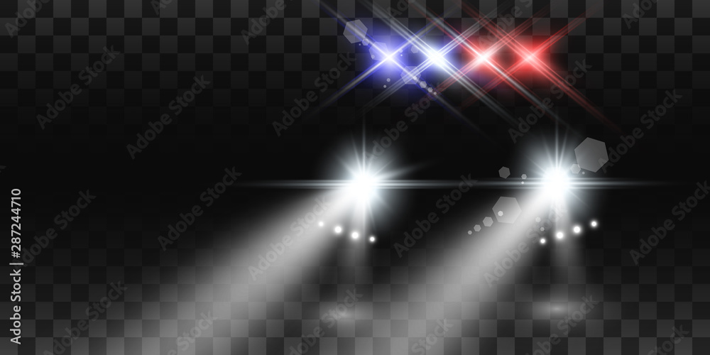 Obraz premium Realistic white glow round beams of car headlights, isolated on transparent background. Police car. Light from headlights. Police patrol.