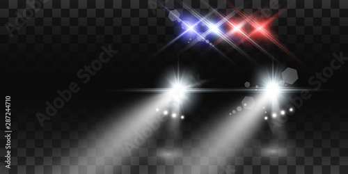 Realistic white glow round beams of car headlights, isolated on transparent background. Police car. Light from headlights. Police patrol.