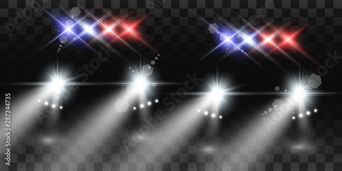 Realistic white glow round beams of car headlights, isolated on transparent background. Police car. Light from headlights. Police patrol.
