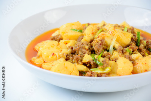 Mapo Tofu, popular Chinese dish.  The classic recipe consists of silken tofu, ground pork or beef and Sichuan peppercorn to name a few main ingredients.