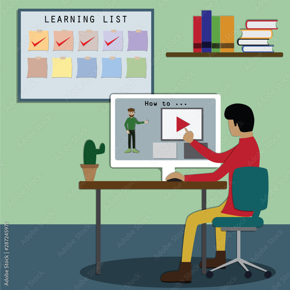 Young man is learning a new skill from website at home,Online course concept - Vector Young man is learning a new skill from website at home,Online course concept - Vector