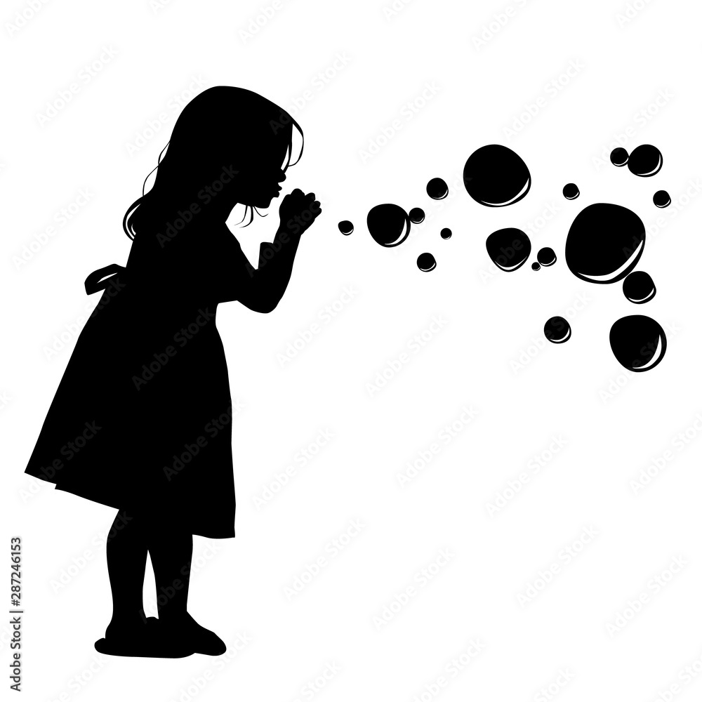 Silhouette of a girl blowing soap bubbles. Vector illustration - obrazy, fototapety, plakaty 