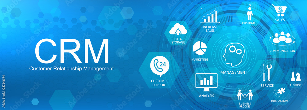 CRM banner. Customer relationship management concept background with icons and conceptuals keywords. Internet Business strategy. CRM concept, customer service and relationship. Vector image