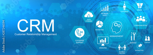 CRM banner. Customer relationship management concept background with icons and conceptuals keywords. Internet Business strategy. CRM concept, customer service and relationship. Vector image