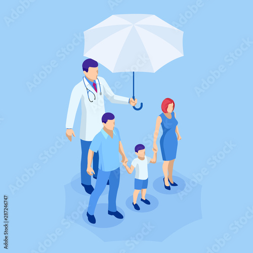 Isometric Health medical and life insurance for the whole family concept. Family Doctor With Happy Parents And Kid. Family doctor man.