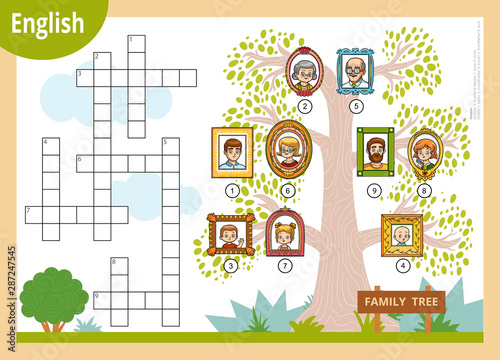 Vector crossword in English, education game for children about family members. Cartoon family tree with images of people in frames