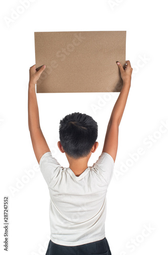 Boy protests hold empty blank sign with copy space © DD Images