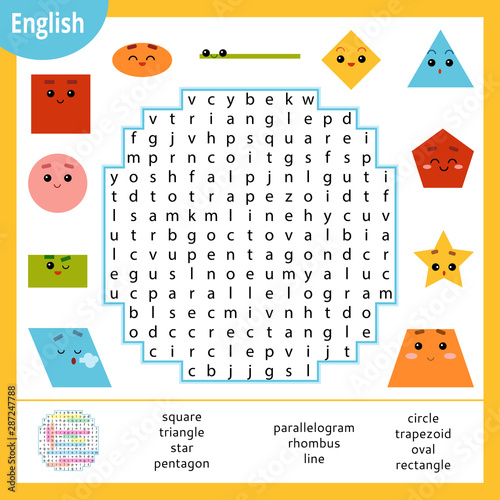 Word search puzzle. Cartoon set of geometric shapes. Education game for children. Vector colour worksheet for learning English