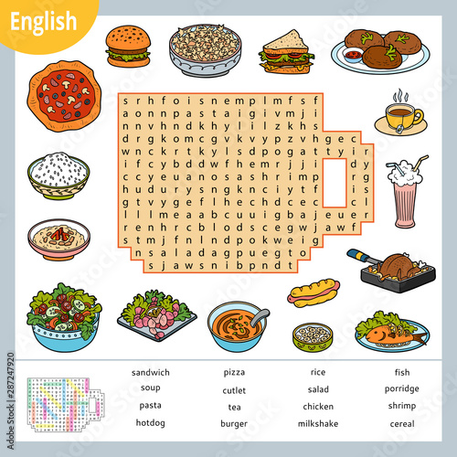Word search puzzle. Cartoon set of food. Education game for children. Vector colour worksheet for learning English