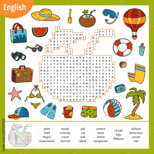 Word search puzzle. Cartoon set of summer and holidays objects. Vector colour worksheet for learning English