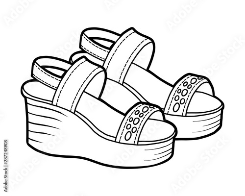 Coloring book, cartoon shoe collection. Wedge-heeled sandals photo