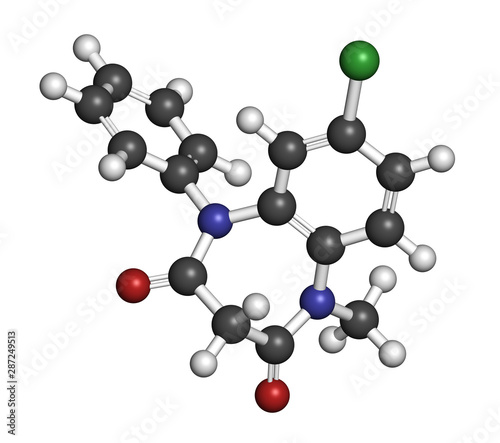 Clobazam epilepsy drug molecule. 3D rendering. Atoms are represented as spheres with conventional color coding: hydrogen (white), carbon (grey), nitrogen (blue), oxygen (red), chlorine (green).