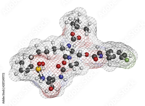 Danoprevir hepatitis C antiviral drug molecule. 3D rendering. Atoms are represented as spheres with conventional color coding: hydrogen (white), carbon (grey), nitrogen (blue), oxygen (red), etc