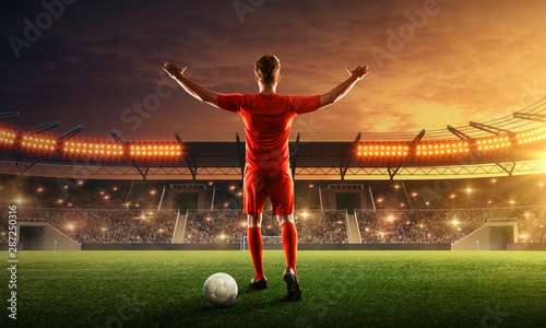 Soccer player celebrates victory on a stadium in front of cheering spectators. Professional sports arena © TandemBranding