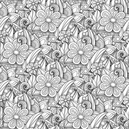 Monochrome Seamless Pattern with Floral Motifs