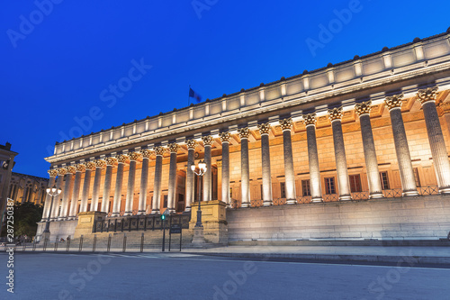 Illuminated building of courthouse Cour de Appel in Lyon  France. Photo taken at blue hour in twilight