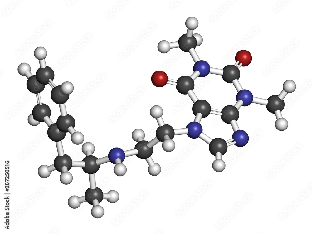 Fenetylline (fenethylline) stimulant drug molecule. 3D rendering. Atoms are represented as spheres with conventional color coding: hydrogen (white), carbon (grey), nitrogen (blue), oxygen (red).