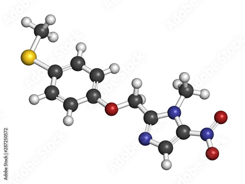 Fexinidazole antiprotozoal drug molecule. 3D rendering. Atoms are represented as spheres with conventional color coding: hydrogen (white), carbon (grey), nitrogen (blue), etc photo