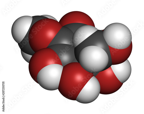 Gadusol fish sunscreen molecule. 3D rendering. Atoms are represented as spheres with conventional color coding: hydrogen (white), carbon (grey), oxygen (red). photo