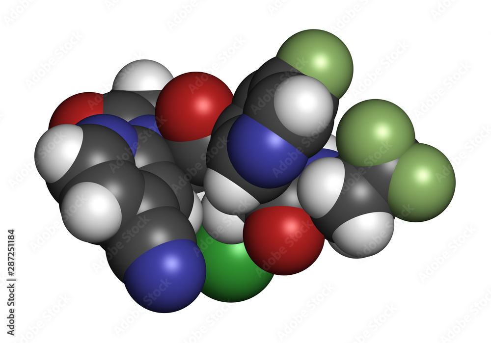 Ivosidenib cancer drug molecule. 3D rendering. Atoms are represented as spheres with conventional color coding: hydrogen (white), carbon (grey), nitrogen (blue), oxygen (red), chlorine (green), etc Ivosidenib cancer drug molecule. 3D rendering. Atoms are represented as spheres with conventional color coding: hydrogen (white), carbon (grey), nitrogen (blue), oxygen (red), chlorine (green), etc