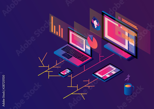 Cross-platform isometric web content. Devices - smartphone, tablet, laptop and desktop computer with open web pages in a browser. Girl operator and data on the screens. Multi-platform content