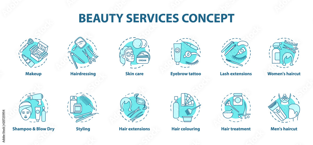 Beauty services blue concept icons set. Beauty salon, SPA face skin care procedures idea thin line illustrations. Hairdressing and makeup. Vector isolated outline drawings. Editable stroke