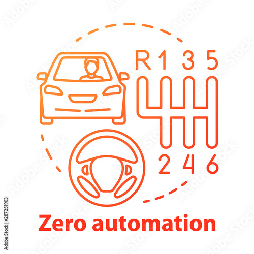 Zero automation concept icon. Car with manual transmission. Vehicle, gearbox, steering wheel. Driving school idea thin line illustration. Vector isolated outline drawing. Editable stroke © bsd studio