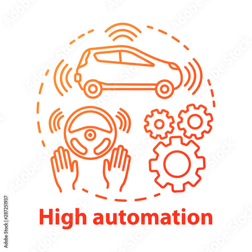 High automation concept icon. Car with autonomous features. Steering Assist. Autopilot system. Driverless vehicle idea thin line illustration. Vector isolated outline drawing. Editable stroke