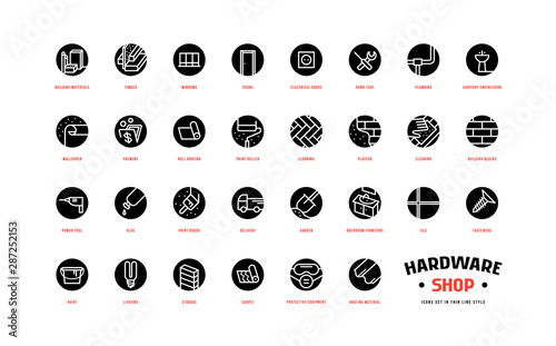 Hardware shop and building set of round icons