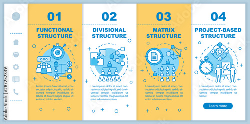 Corporate structure onboarding mobile web pages vector template. Organization hierarchy. Company management. Responsive smartphone website interface with linear icons. Webpage walkthrough step screens