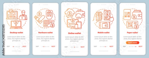 Cryptocurrency wallets types onboarding mobile app page screen with linear concepts. Electronic bitcoin currency transactions walkthrough red steps graphic instructions. UX, UI, GUI vector template