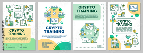 Crypto training brochure template layout. Cryptocurrency trading course. Flyer, booklet, leaflet print design with linear illustrations. Vector page layouts for magazines, reports, advertising posters