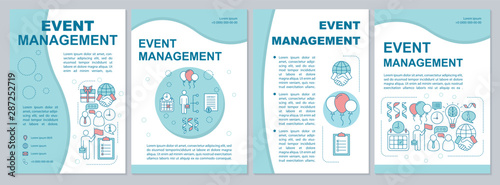 Event management brochure template layout. Corporate events industry. Flyer, booklet, leaflet print design with linear illustrations. Vector page layouts for magazines, reports, advertising posters