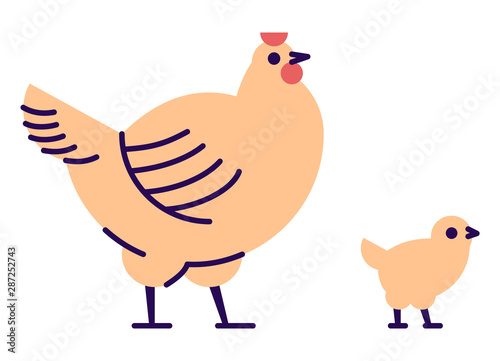 Orange hen with chick flat vector illustration. Domestic bird breeding concept. Chicken mother isolated design element with outline. Poultry farming, hennery symbol on white background