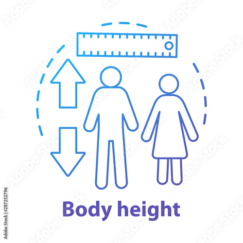 Body height measuring ruler, meter concept icon. Checking male, female body growth parameters idea thin line illustration. Controlling human size. Vector isolated outline drawing. Editable stroke