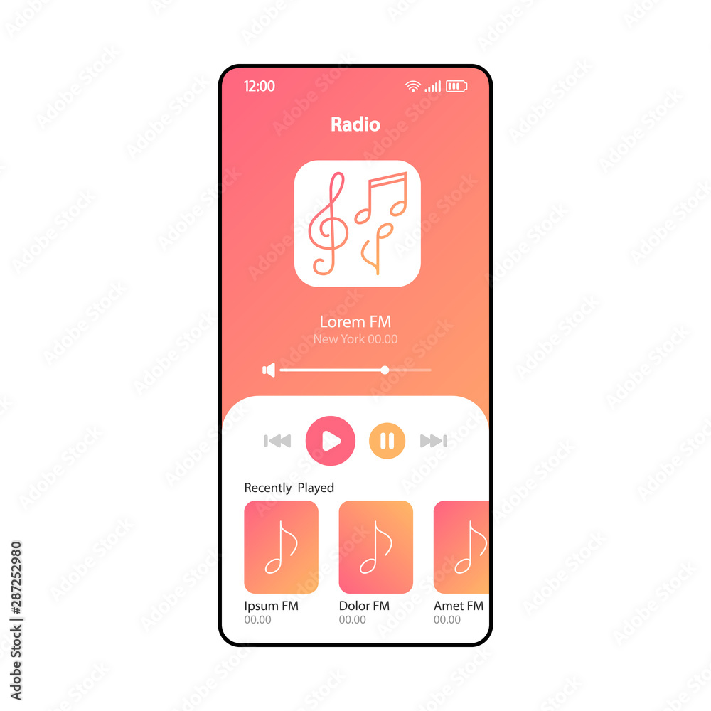 FM radio app smartphone interface vector template. Mobile page coral design  layout. Online music listening screen. Flat UI for application with audio  playlist. MP3 player widget. Phone display Stock Vector | Adobe