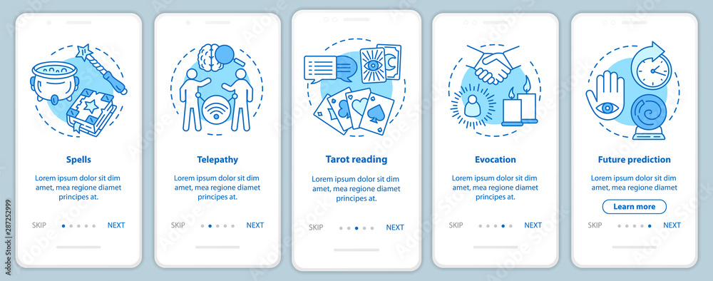 Magic services onboarding mobile app page screen with linear concepts. Telepathy, evocation, fortune telling walkthrough steps graphic instructions. UX, UI, GUI vector template with illustrations