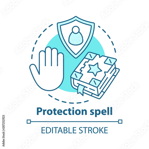 Protection spell concept icon. Occultism and superstition idea thin line illustration. Safety sorcery, security charm. Grimoire, shield and hand vector isolated outline drawing. Editable stroke