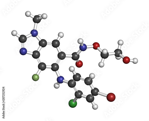 Selumetinib cancer drug molecule (MEK1 and MEK2 inhibitor). 3D rendering. Atoms are represented as spheres with conventional color coding: hydrogen (white), carbon (grey), etc photo