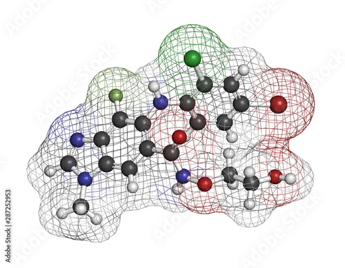 Selumetinib cancer drug molecule (MEK1 and MEK2 inhibitor). 3D rendering. Atoms are represented as spheres with conventional color coding: hydrogen (white), carbon (grey), etc