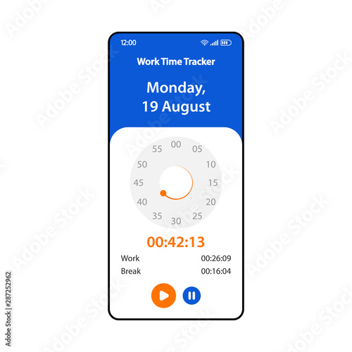 Work time tracker smartphone interface vector template. Mobile working hours tracking app page layout. Employee timetracker widget screen. Application flat UI. Time tracking software. Phone display