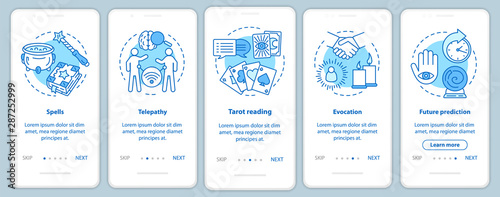 Magic services onboarding mobile app page screen with linear concepts. Telepathy, evocation, fortune telling walkthrough steps graphic instructions. UX, UI, GUI vector template with illustrations